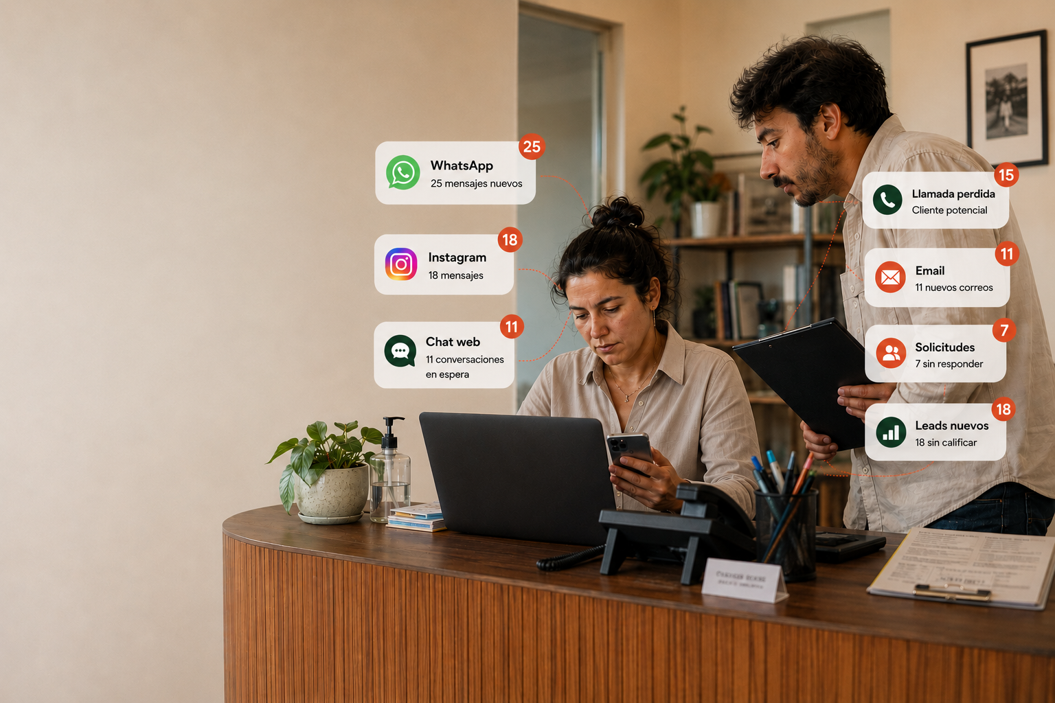 Recepción con notificaciones acumuladas de WhatsApp, Instagram, chat web, llamadas perdidas, email, solicitudes y leads nuevos